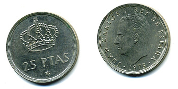 Испания 25 песет 1975 (79) Хуан Карлос I (1975-2014) KM 808 медно-никель 51-4626