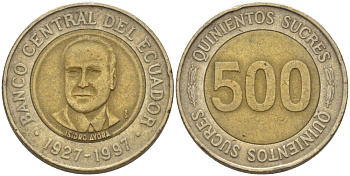 ЭКВАДОР 500 СУКРЕ 1997 ИЗИДРО АЙОВА, 70 ЛЕТ ЦЕНТРАЛЬНОМУ БАНКУ KM 102 биметалл 31-436
