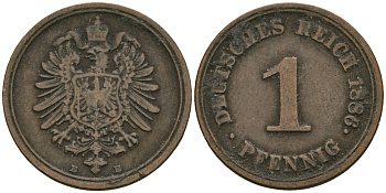 Германия 1 пфенниг 1886 E, Вильгельм I (1871-1888) KM 1, J. 1 медь 4547-111