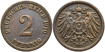 ГЕРМАНИЯ 2 ПФЕННИГА 1910 A KM 16, Jager 11, Weege 4 медь 4546-655