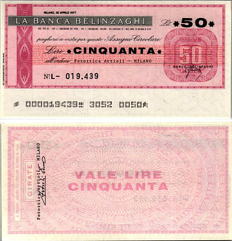 Италия 50 лир 1977 26 апреля 1977 La Banca belinzaghi, Milano бумага UNC (пресс) 7220-36-2-2