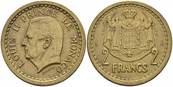 Монако 2 франка 1945 Луи II (1922-1949) KM 121а алюминиевая бронза 73-1434