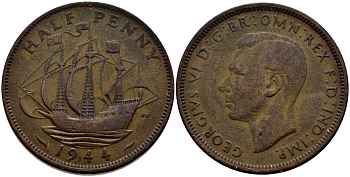 Великобритания 1/2 пенни 1944 Георг VI (1936-1952) KM 844, Spink 4115 бронза 56-1132