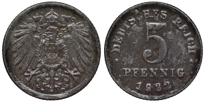 Германия 5 пфеннигов 1922 D KM 19, J. 297, Weege 5 железо 4118-1035
