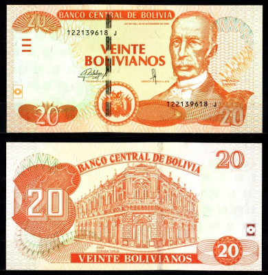 Боливия 20 боливиано 1986 Серия: J, Панталеон Даленс, национальный памятник Боливии Pick 244 (2) бумага UNC (пресс) 7523-37-3-1