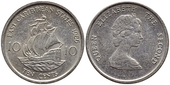 Восточно-Карибские штаты 10 центов 1986 Елизавета II (1952-2022), парусник KM 13 медно-никель 4392-1145