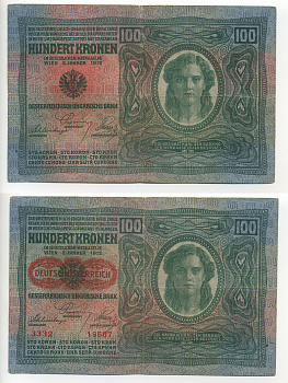 Австрия 100 крон 1912 (1919) красная надпечатка на Pick 12, на аверсе Pick 56 a бумага 7217-51-2