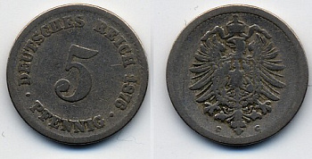 ГЕРМАНИЯ 5 ПФЕННИГОВ 1876 G, СТАРОГЕРБОВКА KM 3, J.3 медно-никель 51-3741