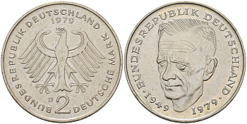ФРГ 2 марки 1979 D, Курт Шумахер KM 149, J. 424 медно-никель плакированный никелем 67-633