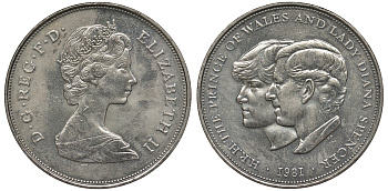 Великобритания 25 пенсов 1981 Королевская свадьба принца Чарльза и леди Дианы, Елизавета II (1952-2022) KM 925, Spink 4229 медно-никель UNC 00-00