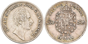 Швеция 1/16 риксдалера 1855 AG, Оскар I (1844-1859) KM 665 серебро 3896-1432