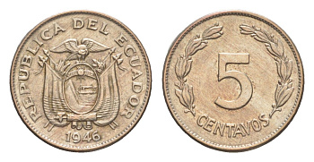 Эквадор 5 сентаво 1946 KM 75b медно-никель aUNC 4640-1126