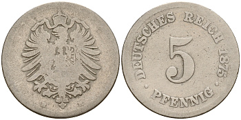 Германия 5 пфеннигов 1875 B J.3  KM 3 медно-никель    4598-966
