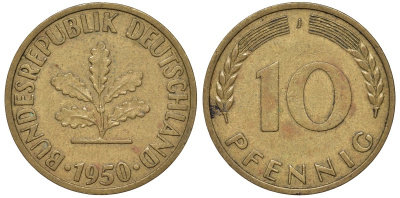 ФРГ 10 пфеннигов 1950 J KM 108, J. 383 сталь плакированная латунью 4132-533