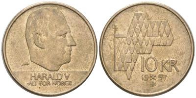 Норвегия 10 крон 1997 Харальд V (1991-) KM 457 никель латунь 4561-336