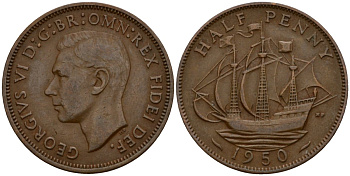 Великобритания 1/2 пенни 1950 Георг VI (1936-1952) KM 868, Spink 4118 бронза 4601-433