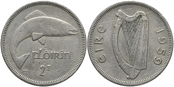 ИРЛАНДИЯ 1 ФЛОРИН - 2 ШИЛЛИНГА 1959 ЛОСОСЬ KM 15а медно-никель 89-1722