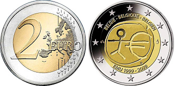 Бельгия 2 евро 2009 10 лет монетарной политики ЕС (EMU) и введения евро KM 282 биметалл UNC M44-12