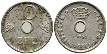 НОРВЕГИЯ 10 ЭРЕ 1951 ХАКОН VII (1905-1957) KM 383 медно-никель 4396-413