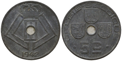 Бельгия 5 сантимов 1942 Belgie - Belgique KM 124 цинк 4543-226