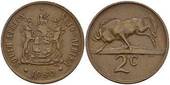 ЮАР 2 цента 1980 герб, антилопа гну KM 83 бронза 67-342
