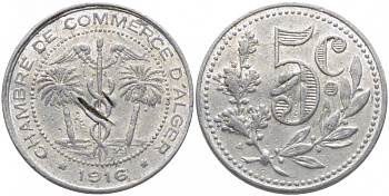 Алжир, Французская оккупация 5 сантимов 1916 Alger Chamber of Commerce KM TnA1 алюминий 4448-413