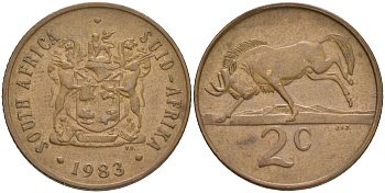 ЮАР 2 цента 1983 герб, антилопа гну KM 83 бронза 4561-725