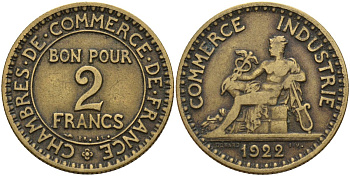 Франция 2 франка 1922 Третья республика (1871-1940) KM 877, Le Franc 267.7 алюминиевая бронза 4144-246