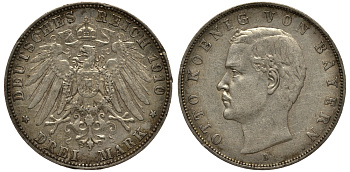 Бавария 3 марки 1910 Отто (1886-1913) Weege 45, J. 47, KM 515 серебро 3711-2011