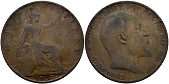 Великобритания 1 пенни 1903 Эдуард VII (1901-1910) KM 794.2, Spink 3990 бронза 83-2022