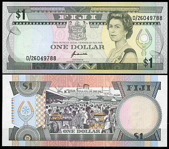 Фиджи 1 доллар ND (1993) Елизавета II (1952-2022), рынок, корабль Pick 89 a бумага UNC (пресс) 449-5-1