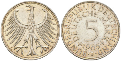 ФРГ 5 марок 1965 J KM 112 серебро 117-723