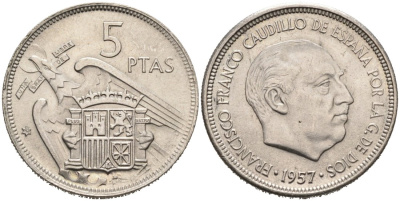 Испания 5 песет 1957 (67) Франсиско Франко (1939-1975) KM 786 медно-никель 4571-1223