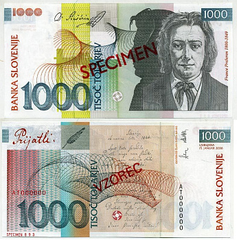 Словения 1000 толаров 2000 Франце Прешерн, рукопись "Drinking Toast", SPECIMEN, образец Pick 22 s бумага UNC (пресс) 451-369-3
