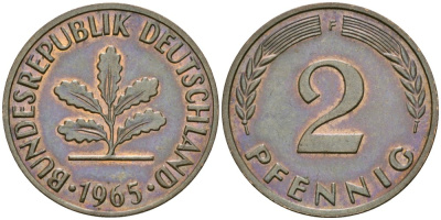 ФРГ 2 пфеннига 1965 F KM 106, J.381 бронза 4576-1019