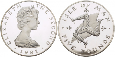 Остров Мэн 5 фунтов 1981 герб Мэна, Елизавета II (1952- ), тираж 500 экземпляров КМ 88a серебро PROOF 1081-9-22