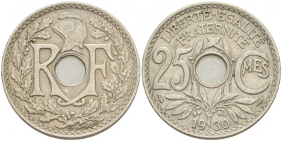 ФРАНЦИЯ 25 САНТИМОВ 1930 ТИП ЛАНДАЙЁ KM 867а, LE FRANC 171,14 медно-никель 4402-836