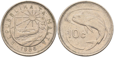Мальта 10 центов 1986 золотая макрель KM 76 медно-никель 4588-161