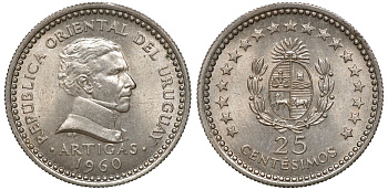 Уругвай 25 сентесимо 1960 KM 40 медно-никель 4169-768