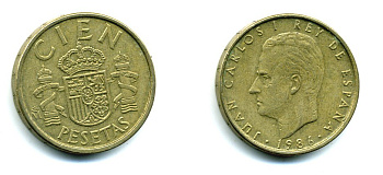 Испания 100 песет 1986 Хуан Карлос I (1975-2014) KM 826 алюминиевая бронза 41-637