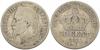 ФРАНЦИЯ 50 САНТИМОВ 1864 А KM 814.1 серебро 116-556