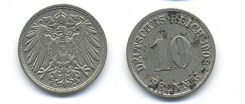 ГЕРМАНИЯ 10 ПФЕННИГОВ 1908 D KM 12, J. 13 медно-никель 58-332