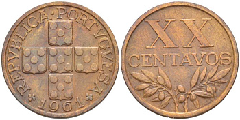 ПОРТУГАЛИЯ 20 СЕНТАВО 1961 KM 584 бронза 4513-1237
