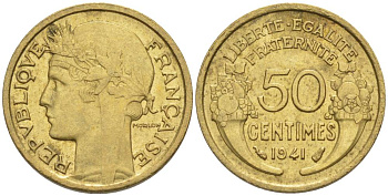ФРАНЦИЯ 50 САНТИМОВ 1941 ТИП MORLON KM 894.1, LE FRANC 192.18 алюминиевая бронза 44-649