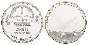 Монголия 500 тугриков 2004 Вымирающие виды - Скопа (Pandion haliaetus), с сертификатом, тираж 5.000 экземпляров KM 208 серебро PROOF 11-156-43