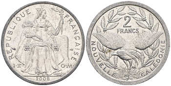Французская Новая Каледония 2 франка 2008 птица кагу, (IEOM) KM 14, Schoen 11 алюминий    29-254