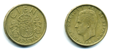 Испания 100 песет 1986 Хуан Карлос I (1975-2014) KM 826 алюминиевая бронза 41-637