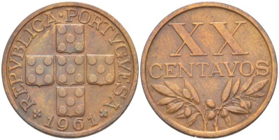 ПОРТУГАЛИЯ 20 СЕНТАВО 1961 KM 584 бронза 4513-1237