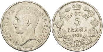 БЕЛЬГИЯ 5 ФРАНКОВ 1930 АЛЬБЕРТ I, DER BELGEN KM 98 никель 3851-322