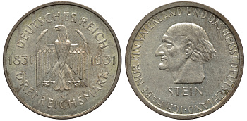 Германия 3 марки 1931 A, 100 лет со дня смерти Генрих Фридрих Карл фон унд цум Штейн J. 348, KM 73 серебро 02-119-44